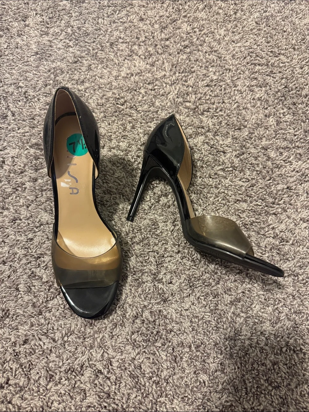 Unisa Black Patent D'Orsay Heels with Smoky Transparent Band